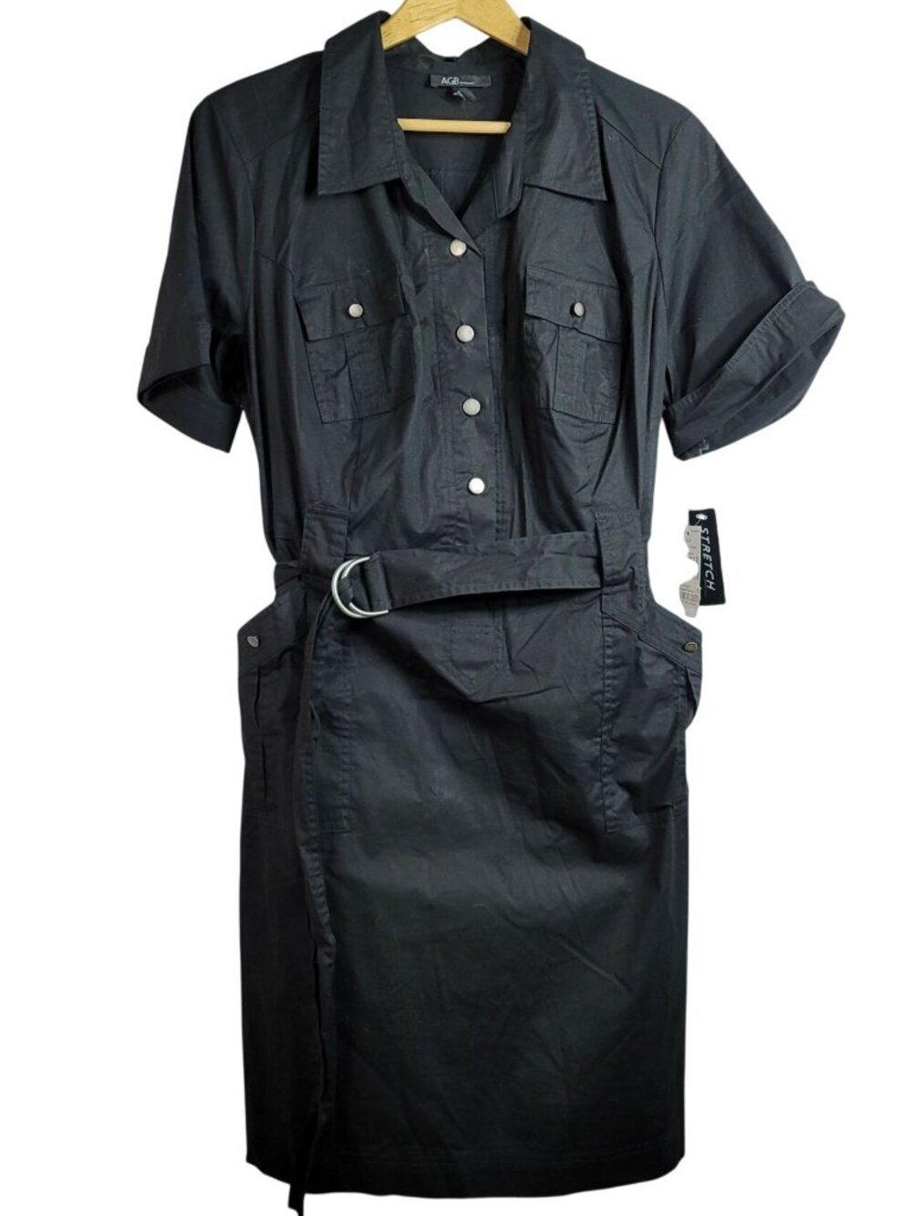 AGB Woman Shirt Dress Black 16W Button Short Sleeve Belt Stretch Knee Length NEW